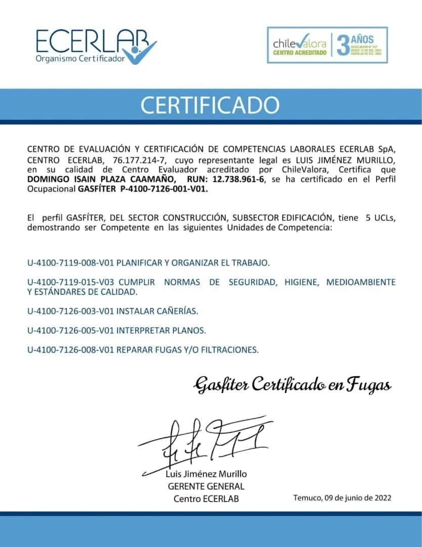 Certificado Fuga de Gas Domingo Isain