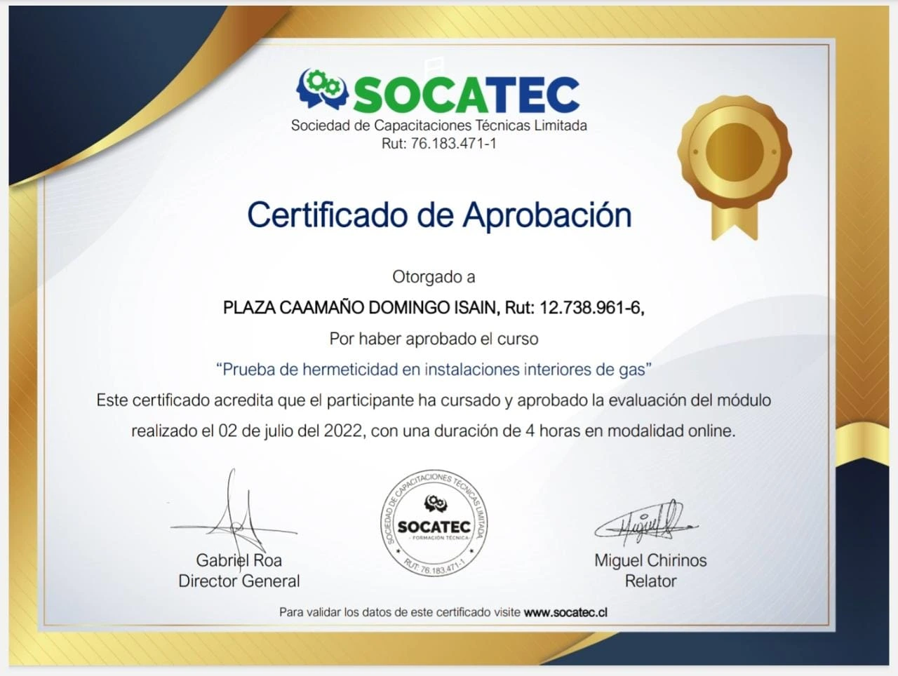 Certificado Hermeticidad Domingo Isain