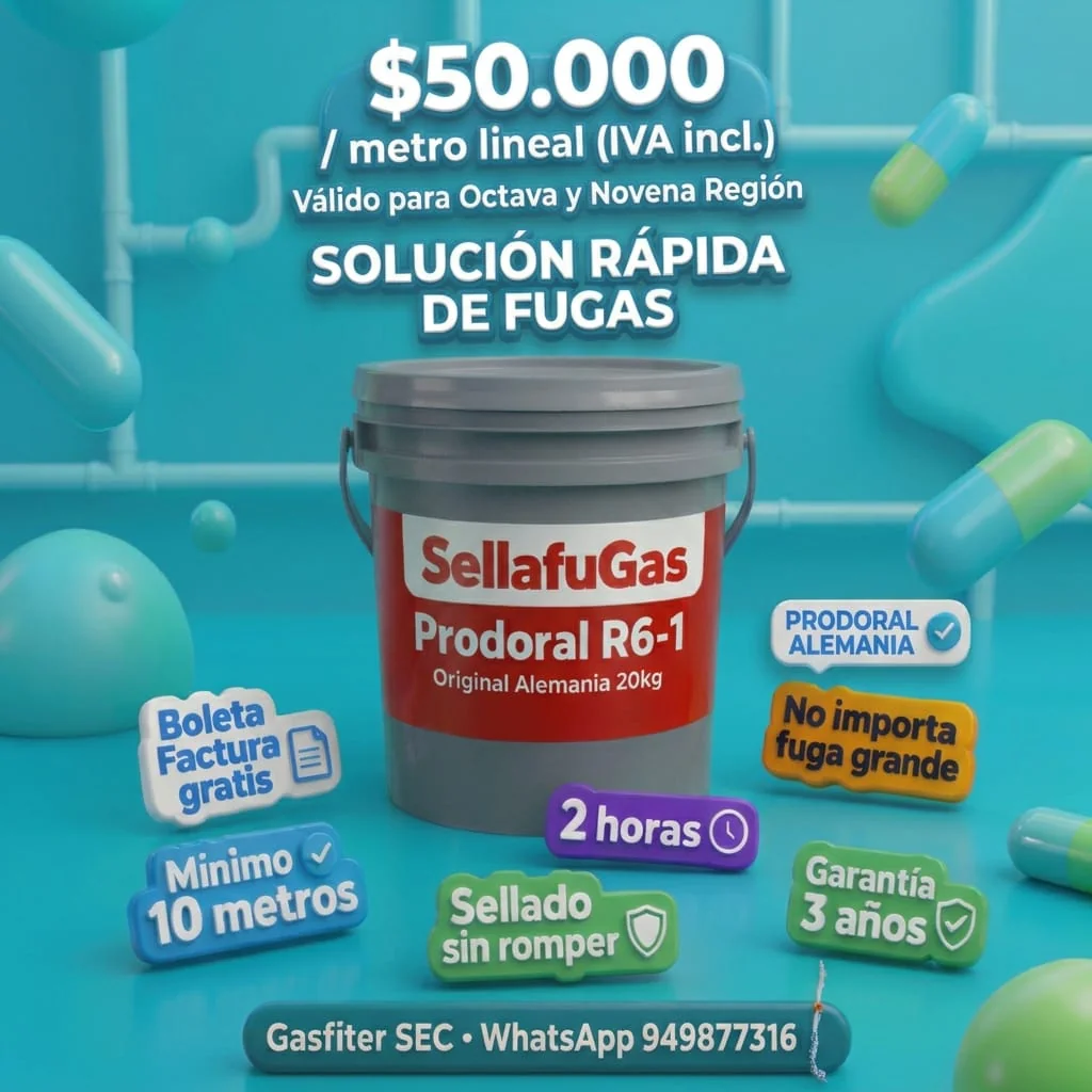 Tarifa Sellado Fugas Gas 8va y 9na Región $50.000 metro